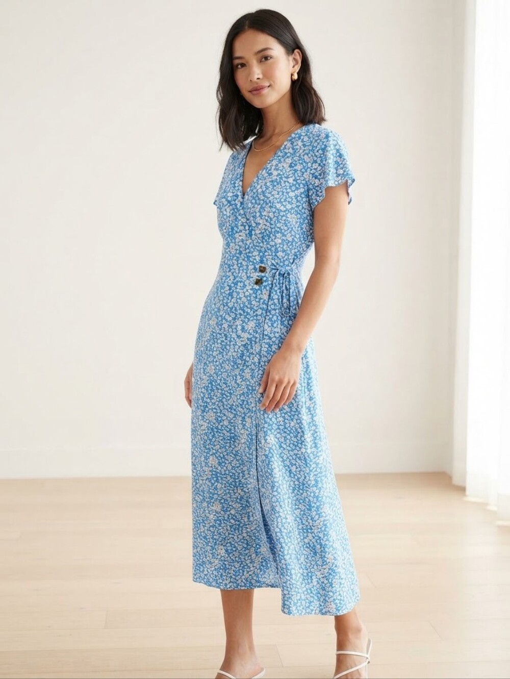 Sienna Sky Light Blue Floral Wrap Midi Dress